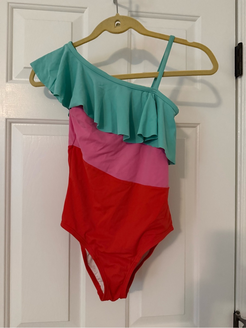 Hanna Andersson One-Shoulder Ruffle Swimsuit in Teal, Light Pink & Coral